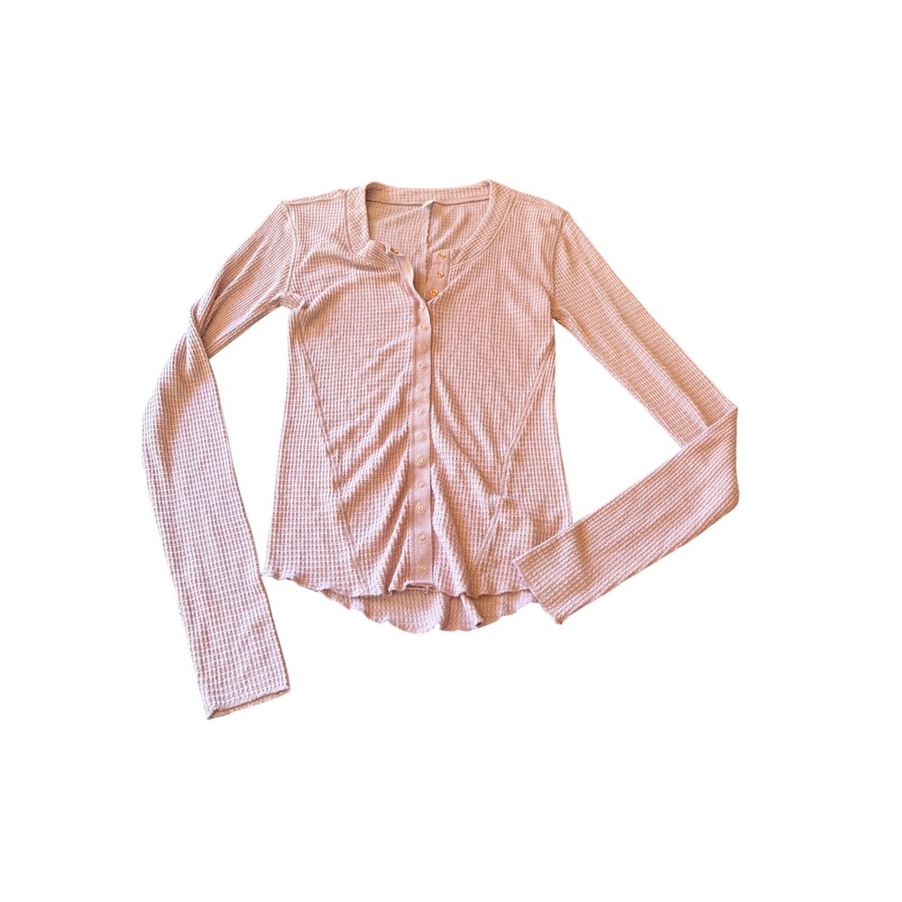 Free People Henley Pink One of the Girls Waffle Knit Long Sleeve Thermal Top M